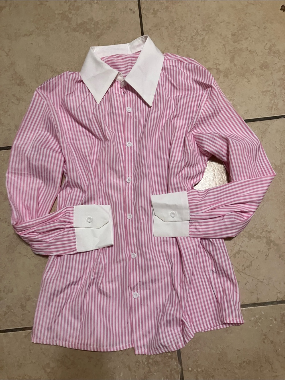 Pink & White Striped Button-Up Shirt with Contrast Collar